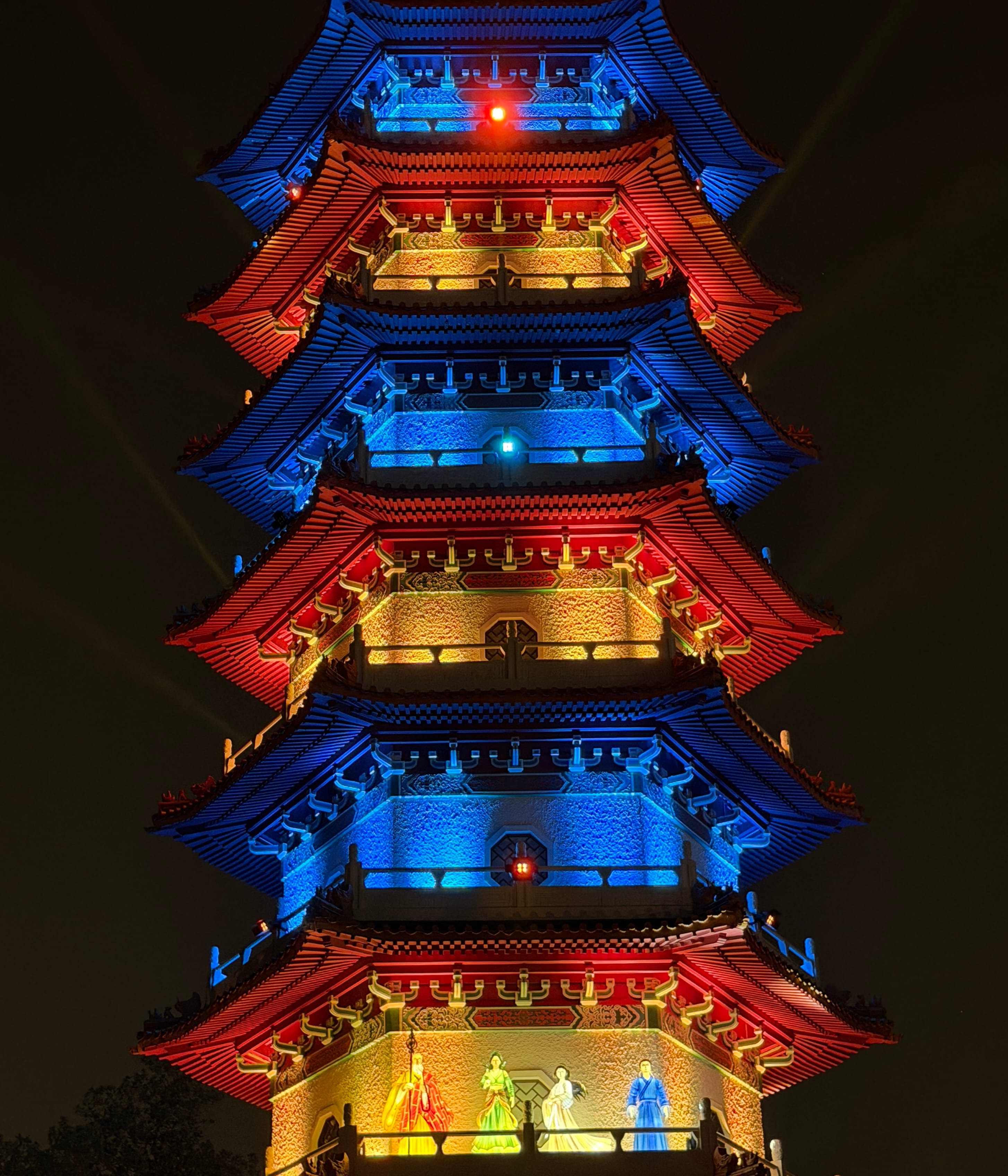 the cloud pagoda at chinese garden awash and orange and blue lights